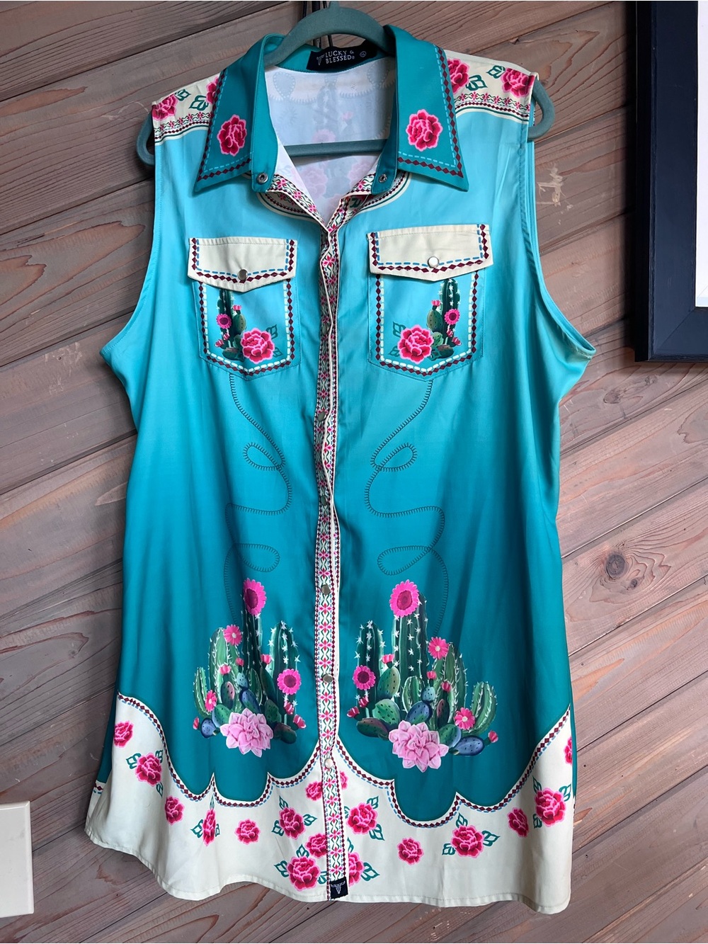 Lucky & Blessed Pink/Turquoise Green FloralSleeveless Dress/Duster Sz XL